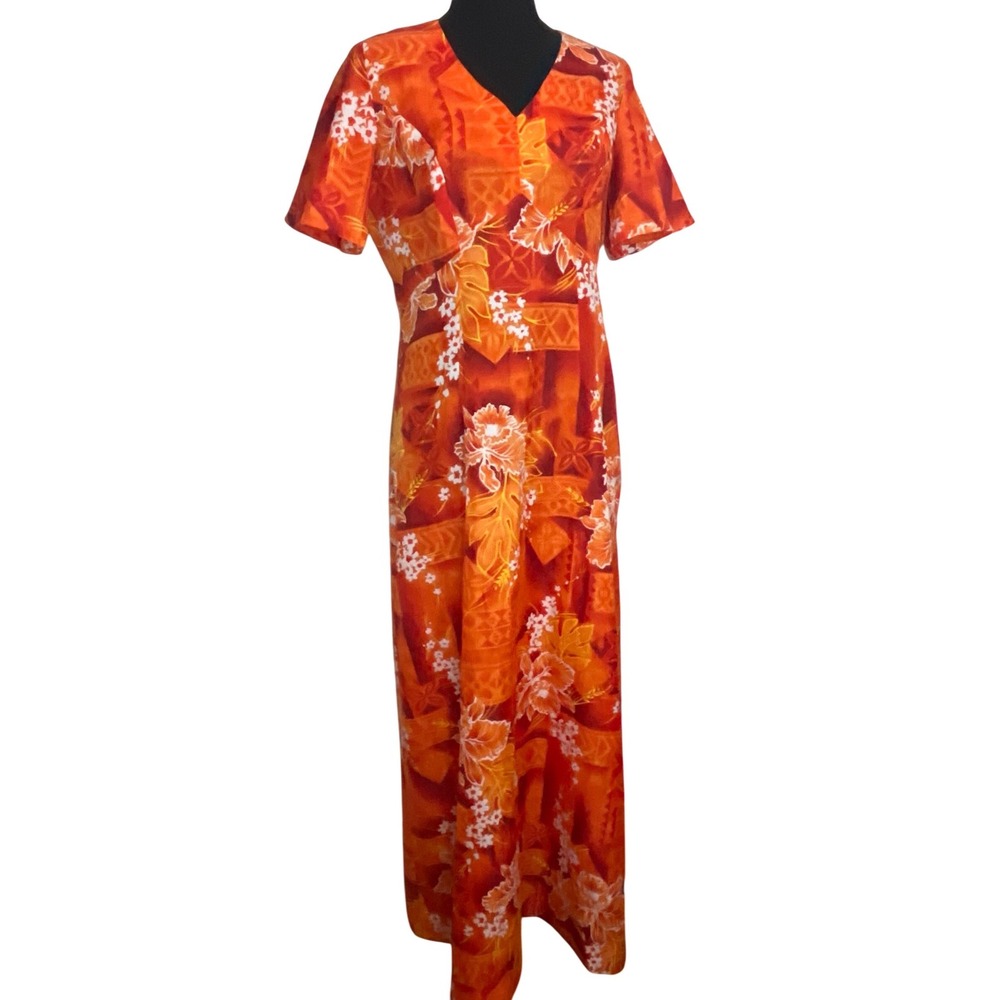 1970s Royal Hawaiian Orange Tropical Floral Maxi Dress, Size M/L tag 12